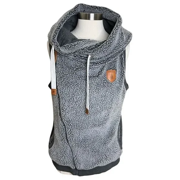 Wanakome Sherpa Vest Womens Medium Heather Gray Wool Asymmetrical Zip Hooded - Picture 1 of 10